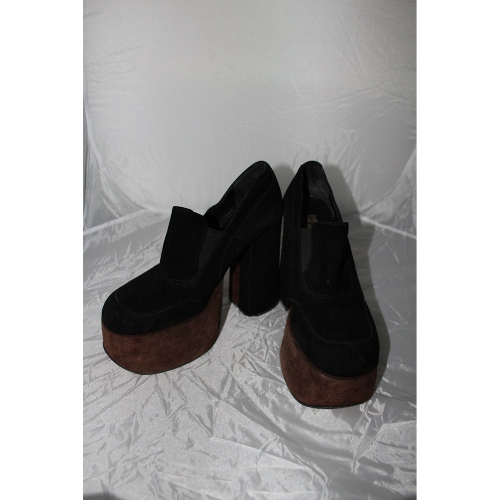VTG BP Brass‎ Plum Shoes Black Brown Suede Chunky Platform Loafers Size 39 8.5